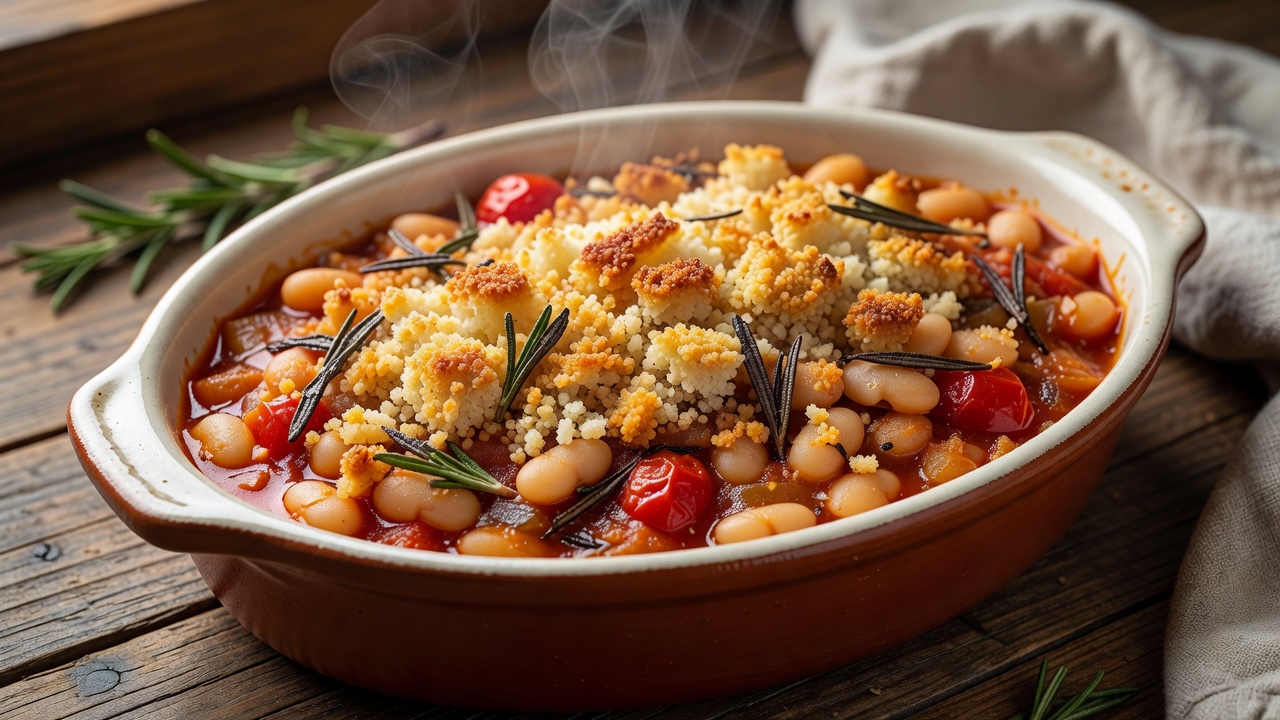 Earthenware casserole dish of slow-baked white beans, tomatoes, and rosemary topped with golden sourdough breadcrumbs