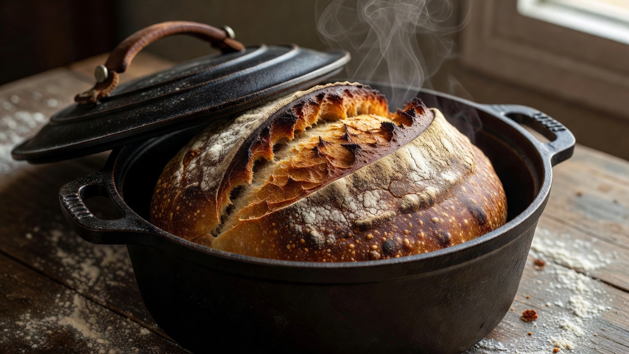 Cast iron Dutch oven with lid lifted revealing a deeply browned country bread loaf with a crisp raised ear
