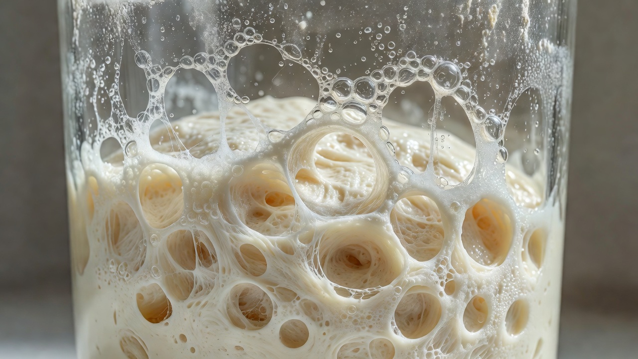 Close up of fermented bread dough inside a straight-sided vessel showing webbing and gas pockets