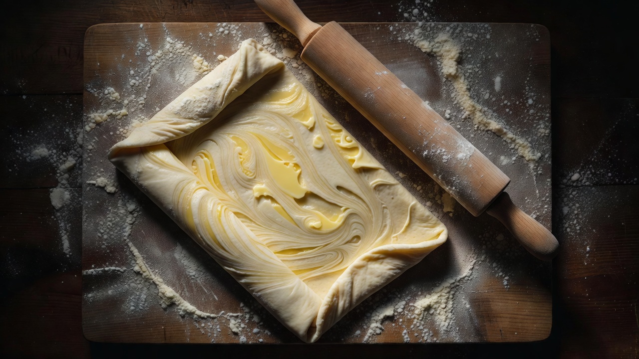 Overhead dark food photo of rolled galette pastry showing visible marbled streaks of cold butter on a floured board